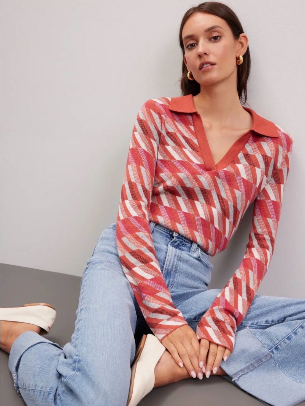 Tomato-Red Collared Geometric Polo Knit Top by Marine Layer